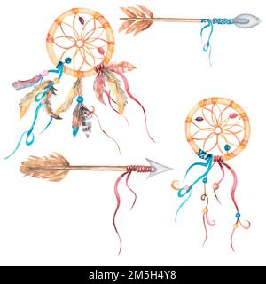 Illustrazione etnica disegnata a mano con gli Indiani Americani dreamcatcher e frecce. Foto Stock