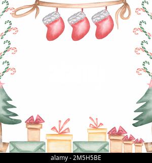 Acquerello disegnato a mano natale e Capodanno cornice isolato su sfondo bianco. Set di elementi decorativi in xmas disegnati a mano. Abete, nastro, confezione regalo, Foto Stock