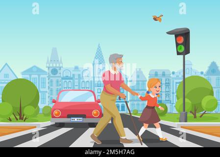 Aiutare l'anziano. Bambina capretto aiuta un vecchio uomo a attraversare la strada in città illustrazione vettoriale Illustrazione Vettoriale