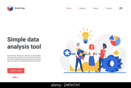 Progettazione di landing page di siti Web con carattere di analista flat business che lavora su laptop, analizzando diagramma grafico digitale o grafico del rappresentante del database finanziario Illustrazione Vettoriale