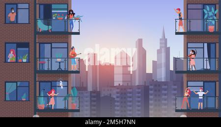 Persone sul balcone della città durante la quarantena immagine vettoriale. Cartoon uomo piatto personaggi donna in maschere mediche rimanere a casa, facendo esercizi sportivi, ev Illustrazione Vettoriale