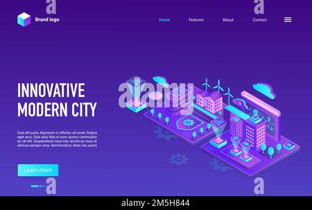 Pagina di destinazione creativa di concetto moderno, disegno di Web site con mappa di cartoon del paesaggio urbano usando infrastruttura cibernetica, controllo artificiale di intelligenza. Isomet Illustrazione Vettoriale