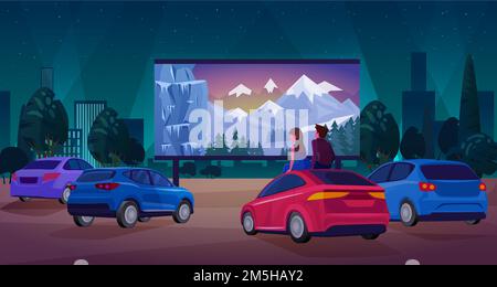 Persone in auto cinema, coppia driver personaggi guardare film sul grande schermo di cinema all'aperto Illustrazione Vettoriale