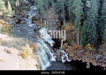 Volcanic Legacy Scenic Byway - Middle McCloud Falls sul fiume McCloud. Middle McCloud Falls è una delle tre cascate situate sul fiume McCloud. Tutte e tre le cascate sono accessibili da un percorso di un chilometro e mezzo circa. Gli amanti del nuoto avventurosi si tuffano nelle cascate e le zone vicine sono anche fantastiche destinazioni per la pesca. Location: (41,019° N 121,654° W) Foto Stock