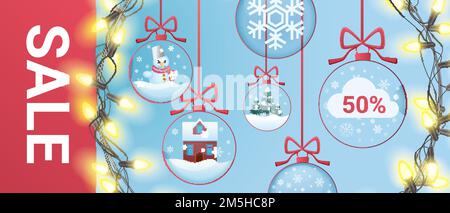 Banner di vendita natalizia con decorazione di palle natalizie per albero di Natale e ghirlanda lucente di Natale Illustrazione Vettoriale
