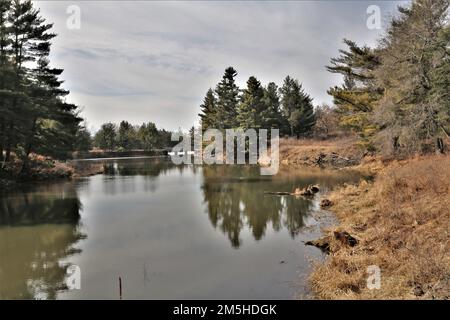 Una scena del lago Suukjak Sep presso il campeggio Pine View presso la Pine View Recreation Area è mostrata il 17 marzo 2022 a Fort McCoy, Wisconsin. L'area ricreativa comprende ettari di terreno accessibile al pubblico con percorsi escursionistici, Pine View Campground, Whitetail Ridge Ski Area e Sportsman's Range. La Pine View Recreation Area offre attività durante tutto l'anno, che includono campeggio, escursioni, pesca e molto altro. Ulteriori informazioni sull'area sono disponibili all'indirizzo https://mccoy.armymwr.com/categories/outdoor-recreation. Foto Stock