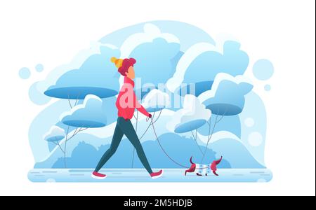 Giovane uomo che cammina con il cane nel parco invernale Illustrazione Vettoriale