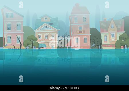 Danneggiato da alluvioni naturali e da alberi parzialmente sommersi in acqua nel concetto di cartoon città. Illustrazione vettoriale della città tempesta Illustrazione Vettoriale