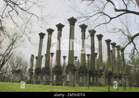 Great River Road - rovine di Windsor. Alte colonne con calotte ornate formano i resti della più grande residenza del periodo antecedente alla Guerra civile americana costruita nel Mississippi. Mississippi (33,485° N 91,061° W) Foto Stock