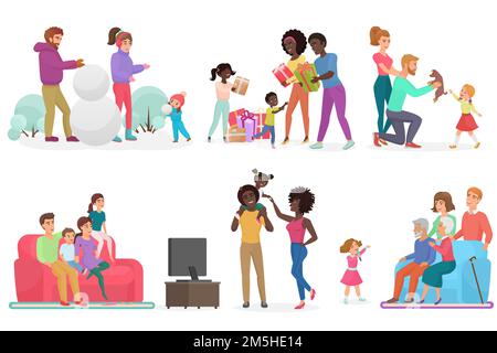 Scene cartoon della vita di famiglia set. Madre, padre, figlia e figlio. Genitori con bambini che guardano la TV, camminano, giocano a palle di neve e giocano all'aperto Illustrazione Vettoriale