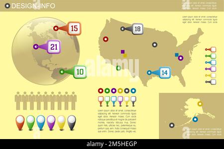 Mappa del globo e degli Stati Uniti con vettore puntatori Illustrazione Vettoriale