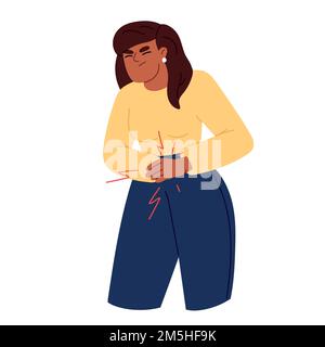 Grave dolore addominale. Appendicite, mestruazioni dolorose. Donna che tiene lo stomaco. Illustrazione del vettore piatto Illustrazione Vettoriale