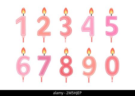 Set di numeri di candela buon compleanno. Colore rosa. Design piatto vettoriale Illustrazione Vettoriale