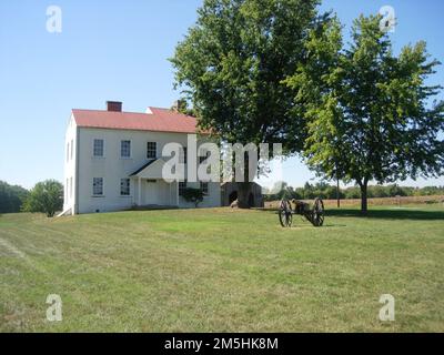 Viaggia attraverso la Hallowed Ground Byway - campo di battaglia di Monocacy. Una bella giornata di sole tra campi verdeggianti smentisce il caos del 9 luglio 1864 della Battaglia di Monocacy; lo scontro della Guerra civile considerava la battaglia che salvò Washington D.C. Maryland Foto Stock