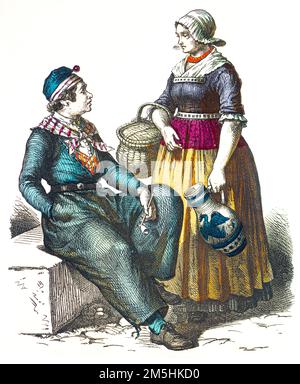 Costumi tradizionali dei Paesi Bassi, 19th ° secolo, storische ccolured Illustrazione 1890, Münchener Bilderbogen 1890 Foto Stock