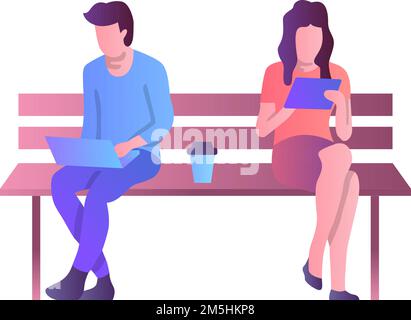 Icona del lavoro freelance. Uomo e donna seduti su panchina in parco di lavoro vettore online. Persone carattere all'aperto. Comunicazione digitale Illustrazione Vettoriale