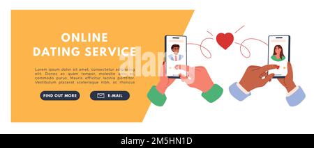 Coppia innamorata che tiene in mano i telefoni. Datazione applicazione con uomo e donna su schermo.Flat vettoriale illustrazione Illustrazione Vettoriale