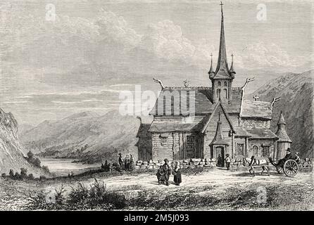 LOM Stave Church, Lom, Oppland Fylke, Norvegia. Scandinavia, Nord Europa. Viaggi negli stati scandinavi da Saint-Blaise 1856 Foto Stock