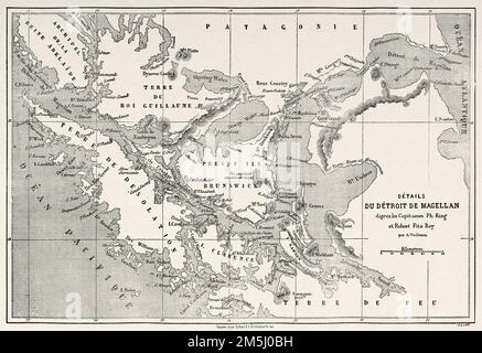 Vecchia mappa dello stretto di Magellano, Patagonia. Cile, Sud America. Diario di un viaggio allo stretto di Magellano di V de Rochas 1856-1859. Le Tour du Monde 1861 Foto Stock
