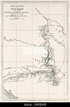 Vecchia mappa della regione di Fouta Djallon, Senegal, Africa. Viaggia a Fouta Djallon con Lambert 1860 Foto Stock