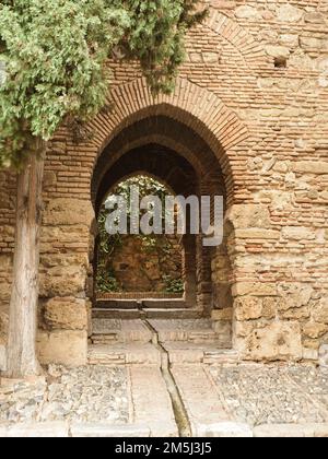 Arco porta attraverso il muro di Alcazaba, Malaga, Spagna, Europa Foto Stock