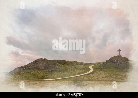 Un dipinto digitale ad acquerello dell'isola di Llanddwyn di Twr Mawr a Ynys Llanddwyn, Anglesey, Wales, UK. Foto Stock