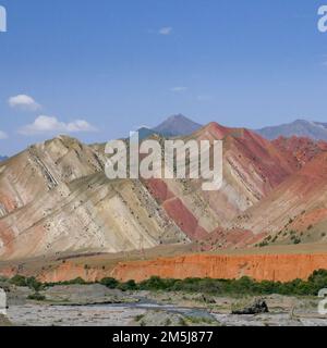 Vista panoramica dei colorati strati di roccia rossa e arancione nella catena montuosa Alay o Alai lungo l'autostrada Pamir, la valle del fiume Gulcha, il Kirghizistan meridionale Foto Stock