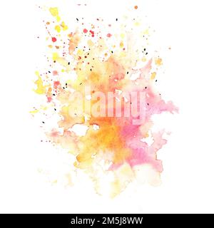 Acquerello astratto rosa e giallo su sfondo bianco. Il colore che spruzzi nella carta. Foto Stock