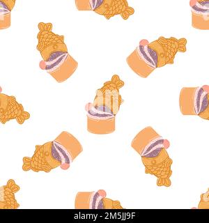 Motivo senza cuciture con cono gelato a forma di pesce taiyaki in stile cartoon flat. Sfondo vettoriale disegnato a mano con cibo tradizionale giapponese, dolce, de Illustrazione Vettoriale