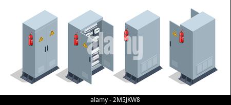 Quadro elettrico isometrico. Trasformatore. Quadro di distribuzione. Quadro degli interruttori di alimentazione elettrica. Apparecchiature elettriche. Scatola interruttore elettrico Illustrazione Vettoriale