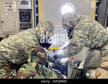 I soldati della 9th Chemical Company (Technical Escort) e gli Airmen della 446th Airlift Wing della Air Force Reserve hanno dimostrato il loro peso durante l'operazione Iron Flight, un esercizio progettato per praticare il confezionamento e il trasporto di armi di materiale di distruzione di massa durante le operazioni di combattimento. La Joint base Lewis McChord, Washington-based 9th Chemical Company è assegnata al 110th Chemical Battalion (Technical Escort), 48th Chemical Brigade e 20th Chemical, Biological, Radiological, Nuclear, Explosives (CBRNE) Command. STATI UNITI Foto dell'esercito di 1st Sgt. Kenneth L. Greene Jr. Foto Stock