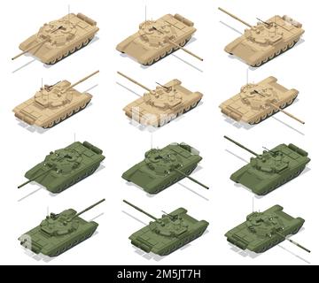 Serbatoio di battaglia principale isometrico. Il T-90 è un carro armato russo di terza generazione. Utilizza una pistola principale a foro liscio 2A46 da 125 mm. Serbatoio militare russo Illustrazione Vettoriale
