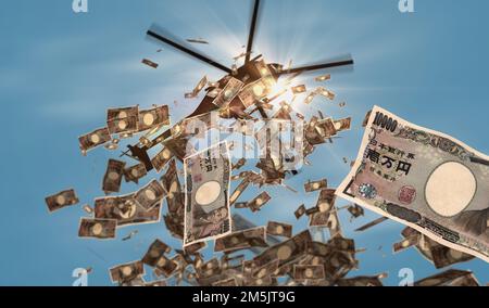 Banconote Yen giapponesi in elicottero in calo. Giappone Yen 10000 JPY note astratto 3D concetto di inflazione, stampa di denaro, finanza, economia, crisi Foto Stock