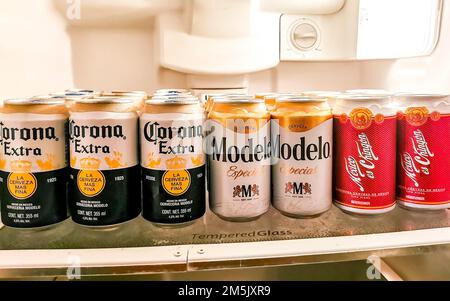 Lattine di birra nel frigorifero a Zicatela Puerto Escondido Oaxaca Messico. Foto Stock