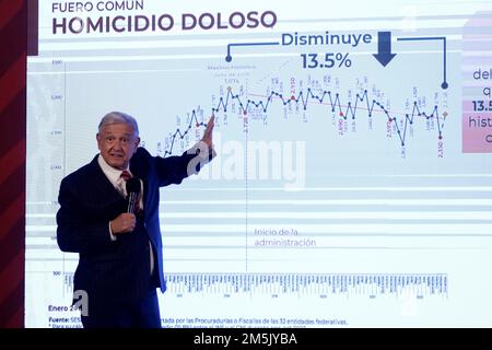 Città del Messico, Messico. 29th Dec, 2022. 29 dicembre 2022, Città del Messico, Messico: Il presidente messicano Andres Manuel Lopez Obrador durante una conferenza con i giornalisti al Palazzo Nazionale di Città del Messico, Messico il 29 dicembre 2022 a Città del Messico (Foto di Luis Barron/Eyepix Group/Sipa USA). Credit: Sipa USA/Alamy Live News Foto Stock