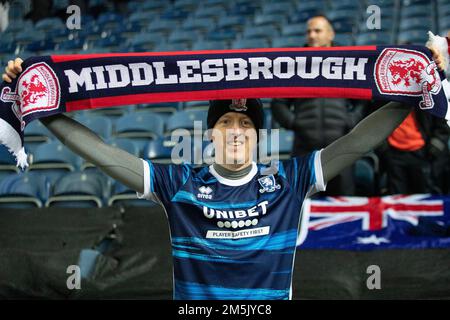 Fan di Middlesbrough F.C durante la partita del campionato Sky Bet tra Blackburn Rovers e Middlesbrough a Ewood Park, Blackburn, giovedì 29th dicembre 2022. (Credit: Mike Morese | MI News) Credit: MI News & Sport /Alamy Live News Foto Stock