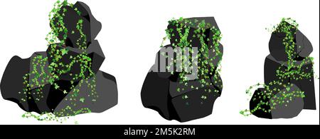 Raccolta di pezzi di carbone, grafite, basalto e antracite. Un set di carbone nero di varie forme e plants. Il concetto di minerario e minerale in un Illustrazione Vettoriale