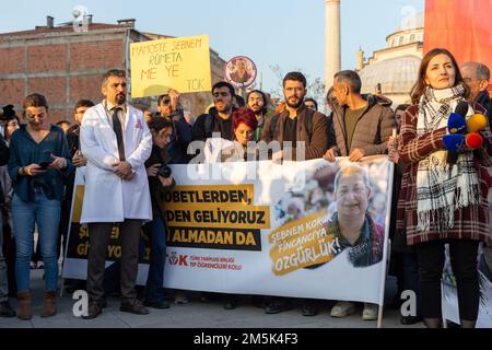 29 dicembre 2022: I manifestanti si riuniscono presso il tribunale Caglayan di Istanbul in vista di un comunicato stampa durante il processo di Sebnem Korur Fincanci, detenuto per commento sulle armi chimiche e accuse di propaganda terroristica in Turchia. (Credit Image: © Tolga Ildun/ZUMA Press Wire) Foto Stock