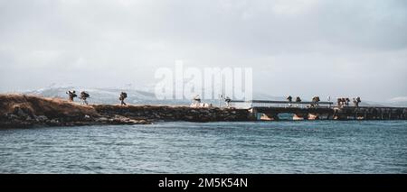 STATI UNITI Marines conduce un atterraggio di spiaggia anfibio per la risposta fredda di esercitazione 2022, Sandstrand, Norvegia, 21 marzo 2022. I Marini sono assegnati alla II forza di spedizione Marina. Exercise Cold Response '22 è un esercizio biennale di preparazione e difesa nazionale norvegese che si svolge in tutta la Norvegia, con la partecipazione di ciascuno dei suoi servizi militari, nonché di altre 26 nazioni alleate della NATO e partner regionali. Foto Stock