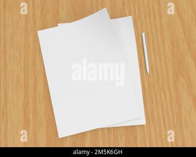 Fogli curvi di carta bianca e penna su sfondo di legno. illustrazione di rendering 3d. Foto Stock