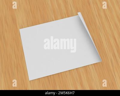 Foglio curvo di carta bianca su sfondo di legno. illustrazione di rendering 3d. Foto Stock