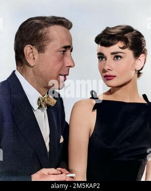 Humphrey Bogart e Audrey Hepburn in 'Sabrina' (Paramount, 1954) colorati Foto Stock