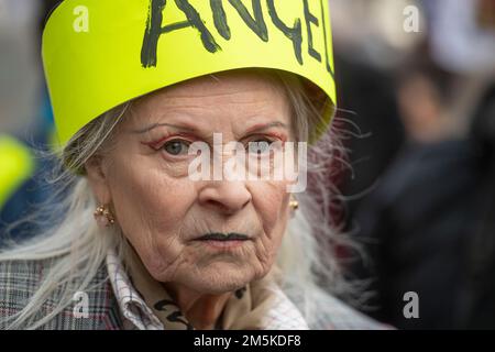 Immagine del defunto designer britannico di moda e attivista Dame Vivienne Westwood durante il non estradare Julian Assange marzo e protesta rally nel centro di Londra il 22nd febbraio 2020. Foto Stock