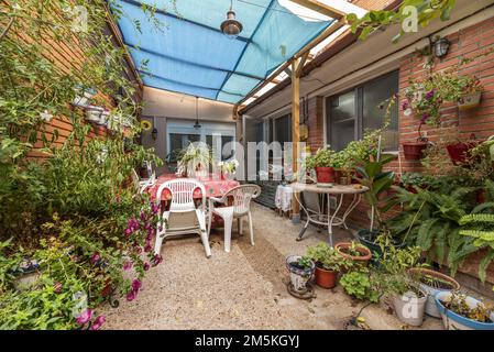 Patio interno con adobe a vista, vasi da fiori dello stesso materiale, ringhiera in ferro battuto, alberi e molte piante in pentole individuali, una tenda blu e la linguetta Foto Stock