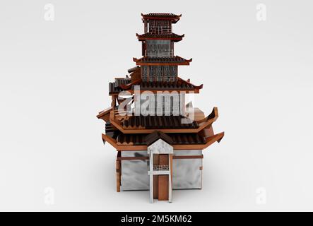 Antica struttura architettonica asiatica Casa cinese 3D illustrazione Tempio su sfondo bianco. Foto Stock