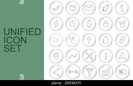 Diverse icone unificate sono isolate su uno sfondo bianco e verde Illustrazione Vettoriale