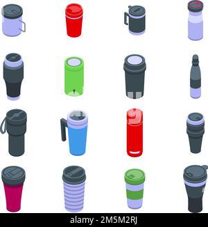 Set di icone della tazza termica. Set isometrico di icone vettoriali thermo Cup per il web design isolato su sfondo bianco Illustrazione Vettoriale