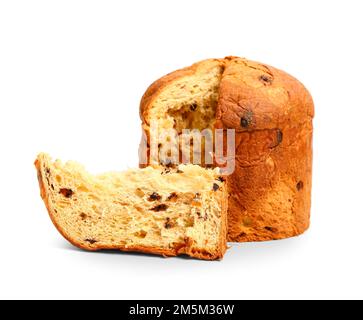 Taglia panettone su sfondo bianco Foto Stock