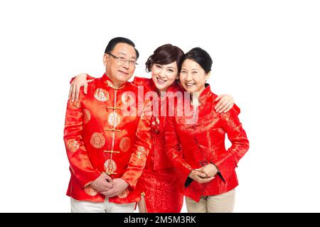 Felice famiglia di abbigliamento del Capodanno cinese Foto Stock