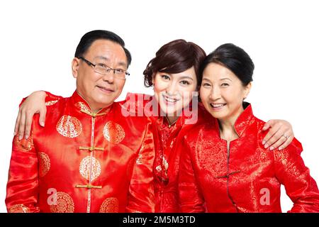 Felice famiglia di abbigliamento del Capodanno cinese Foto Stock